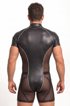 Men's Short Sleeve PU Leather Bodysuit - Front Zip Sheer Mesh Patchwork Mock Neck Jumpsuit Silver Piping Rave Festival Clubwear