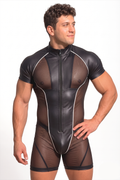 Men's Short Sleeve PU Leather Bodysuit - Front Zip Sheer Mesh Patchwork Mock Neck Jumpsuit Silver Piping Rave Festival Clubwear