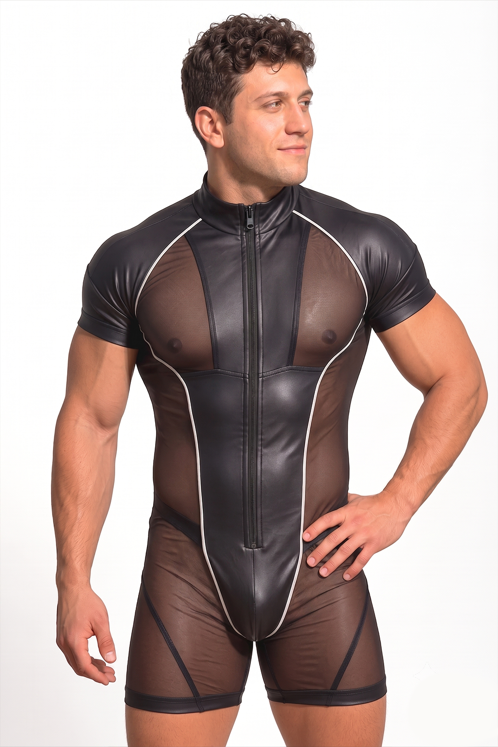 Men's Short Sleeve PU Leather Bodysuit - Front Zip Sheer Mesh Patchwork Mock Neck Jumpsuit Silver Piping Rave Festival Clubwear