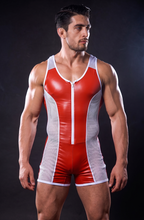Men's PU Leather Bodysuit Singlet - Front Zip Mesh Patchwork Sleeveless Wrestling Leotard Festival Clubwear One-Piece