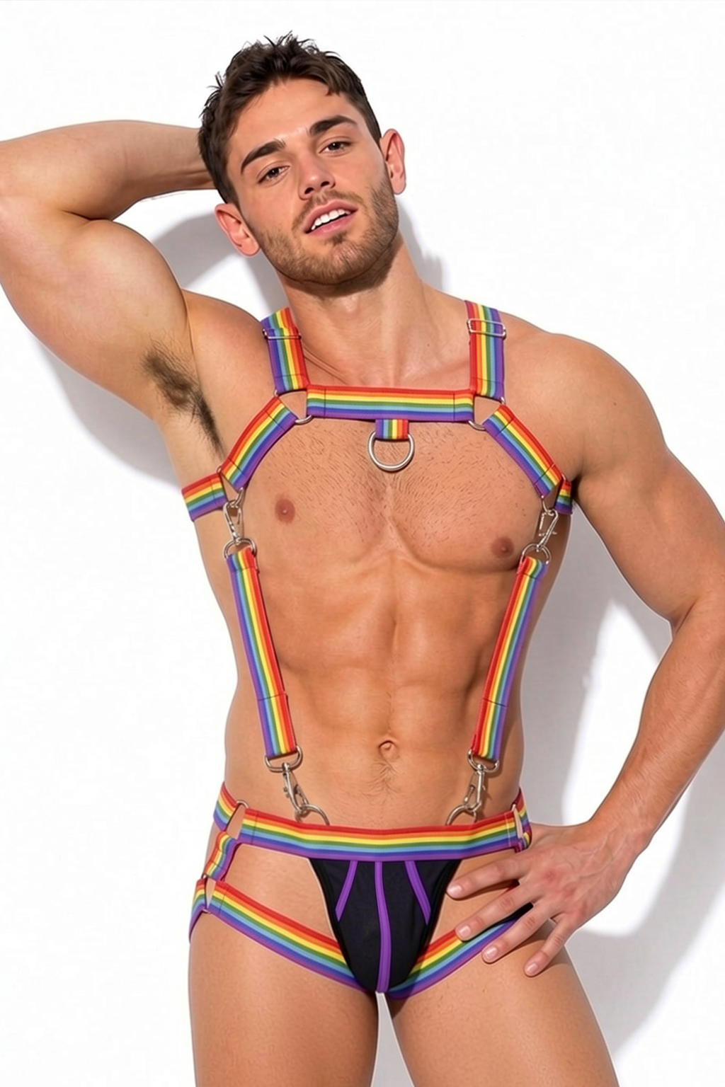 Men's Rainbow Pride Chest Harness & Jockstrap Set - Striped Body Cage with Detachable Metal Clips