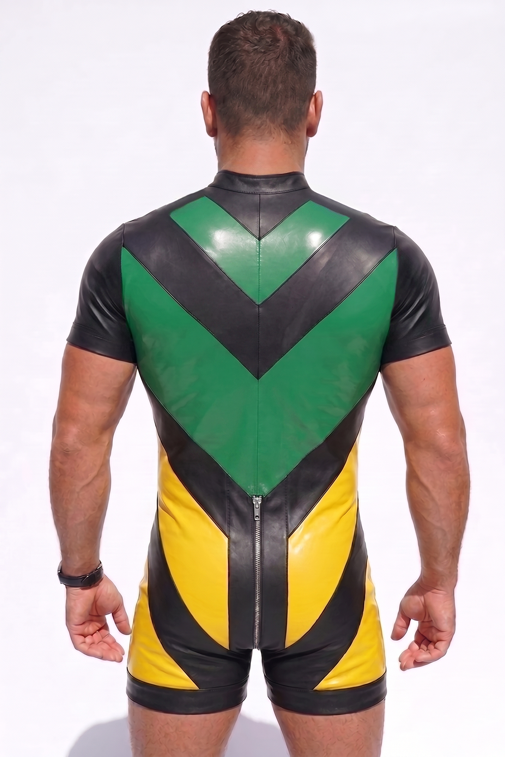 Men's Short Sleeve PU Leather Bodysuit - Front Full Zipper Chevron Patchwork Mock Neck Jumpsuit Wrestling Singlet Rave Festival Clubwear