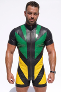 Men's Short Sleeve PU Leather Bodysuit - Front Full Zipper Chevron Patchwork Mock Neck Jumpsuit Wrestling Singlet Rave Festival Clubwear