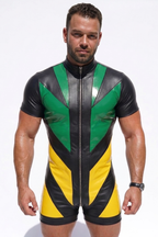 Men's Short Sleeve PU Leather Bodysuit - Front Full Zipper Chevron Patchwork Mock Neck Jumpsuit Wrestling Singlet Rave Festival Clubwear