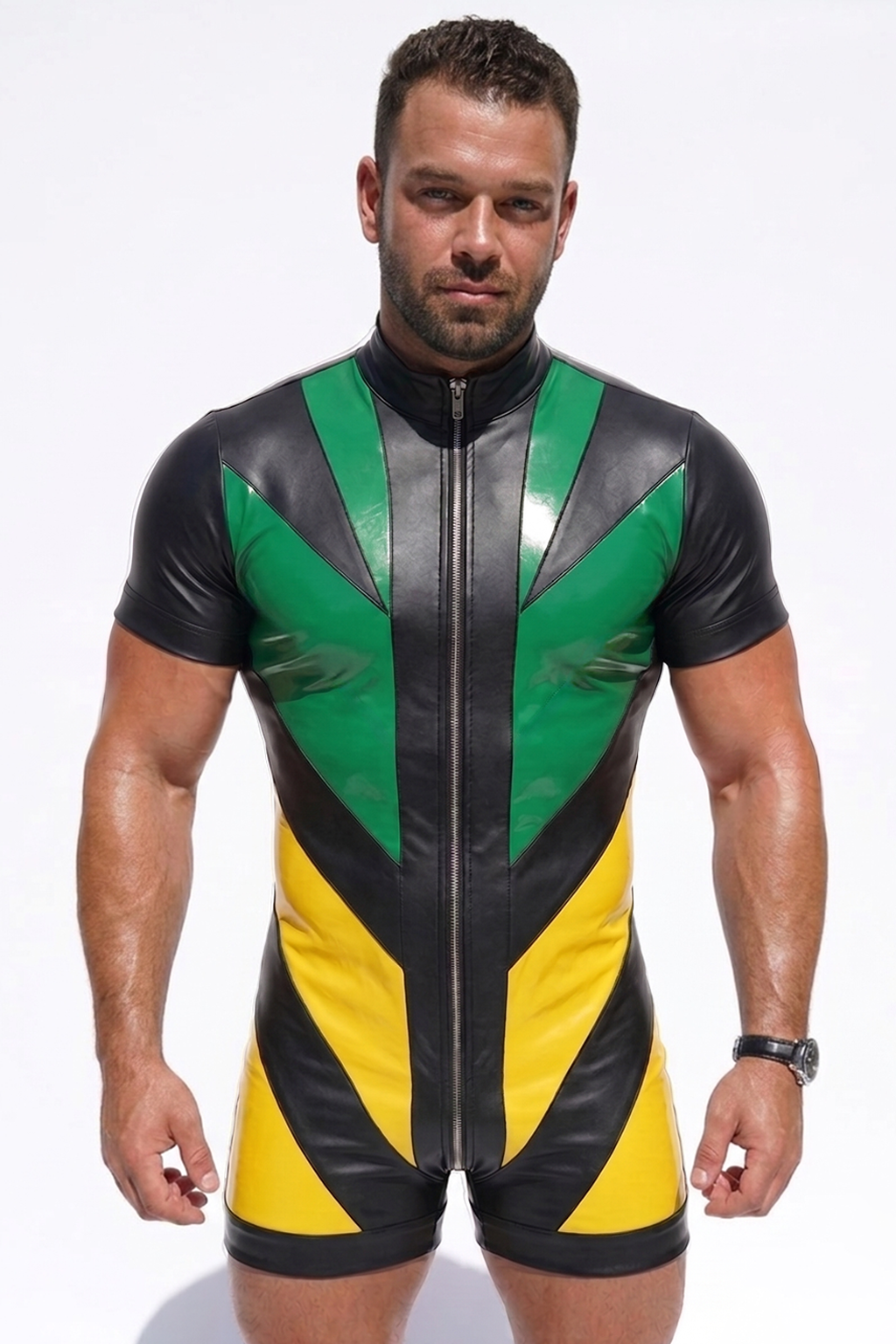 Men's Short Sleeve PU Leather Bodysuit - Front Full Zipper Chevron Patchwork Mock Neck Jumpsuit Wrestling Singlet Rave Festival Clubwear