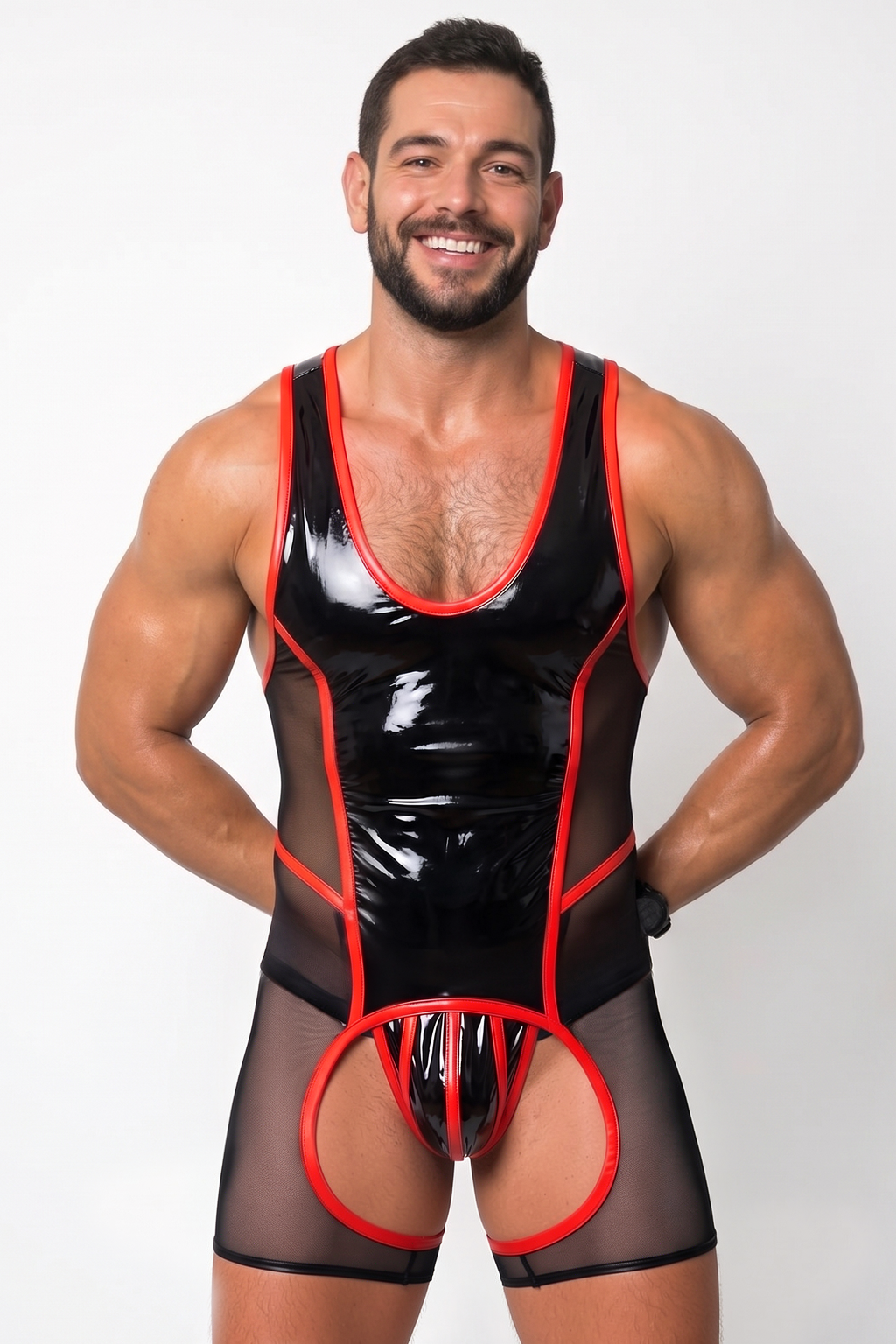 Men's High-Shine PU Leather Bodysuit Singlet - Black Mesh Mesh Patchwork Rave Wrestling Leotard Red Piping Festival Clubwear