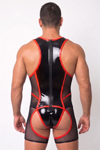 Men's High-Shine PU Leather Bodysuit Singlet - Black Mesh Mesh Patchwork Rave Wrestling Leotard Red Piping Festival Clubwear