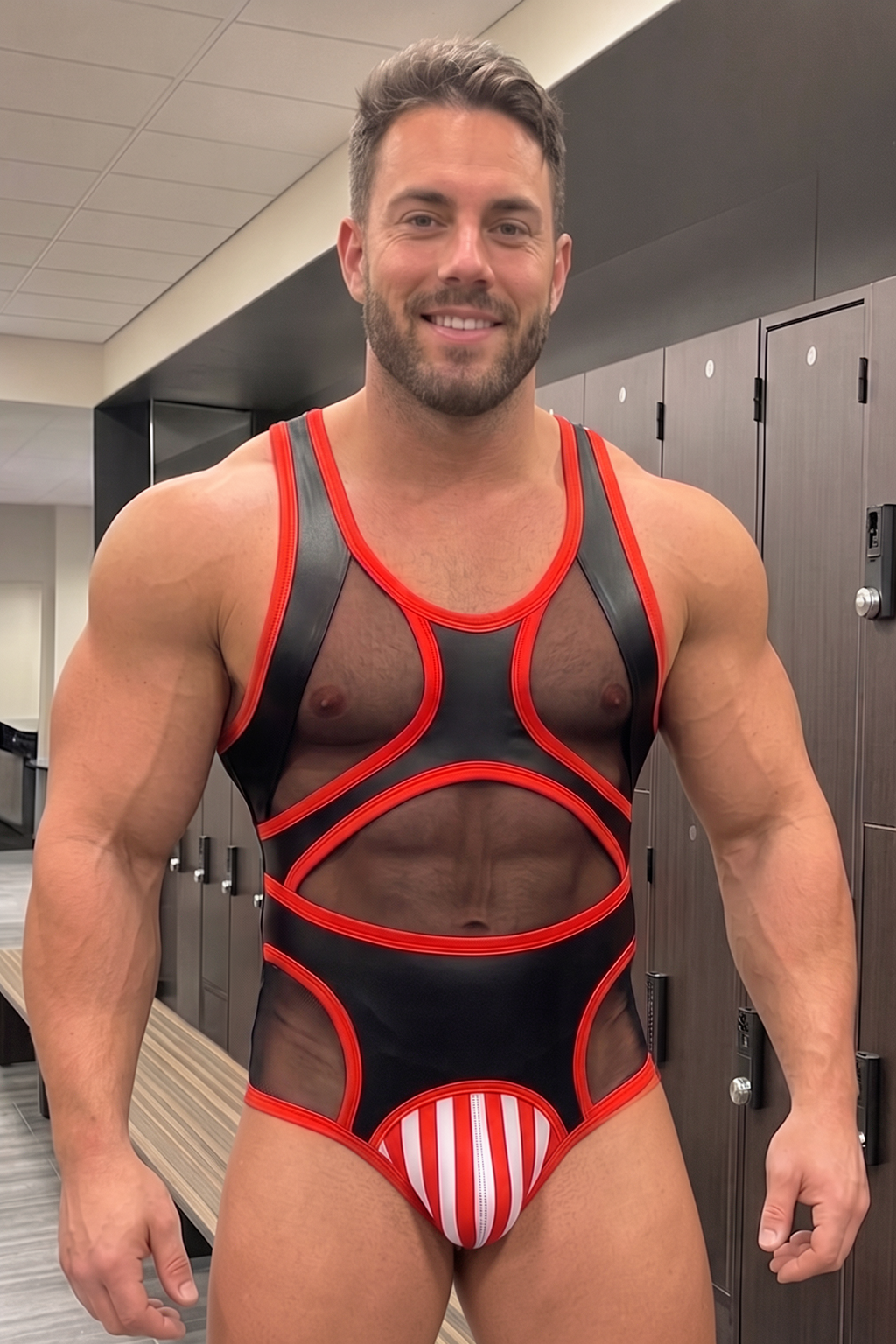 Men's High-Shine PU Leather Bodysuit Singlet - Black Mesh Mesh Patchwork Rave Wrestling Leotard Red Piping Festival Clubwear（副本）