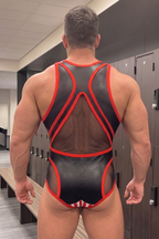 Men's High-Shine PU Leather Bodysuit Singlet - Black Mesh Mesh Patchwork Rave Wrestling Leotard Red Piping Festival Clubwear（副本）