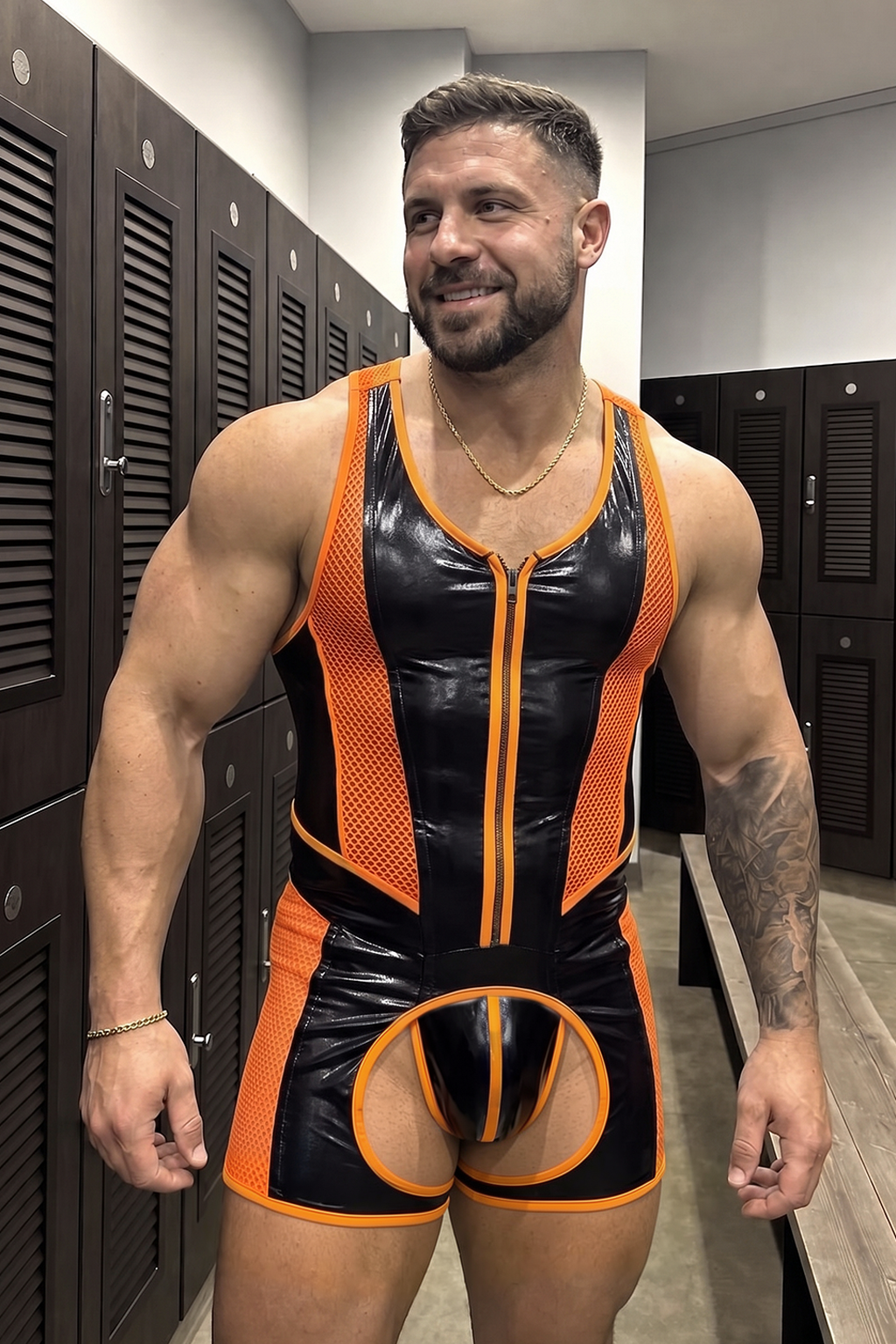 Joyglove Men's High-Shine PU Leather Bodysuit Singlet - Front Zip Black Orange Mesh Patchwork Rave Wrestling Leotard Festival Clubwear