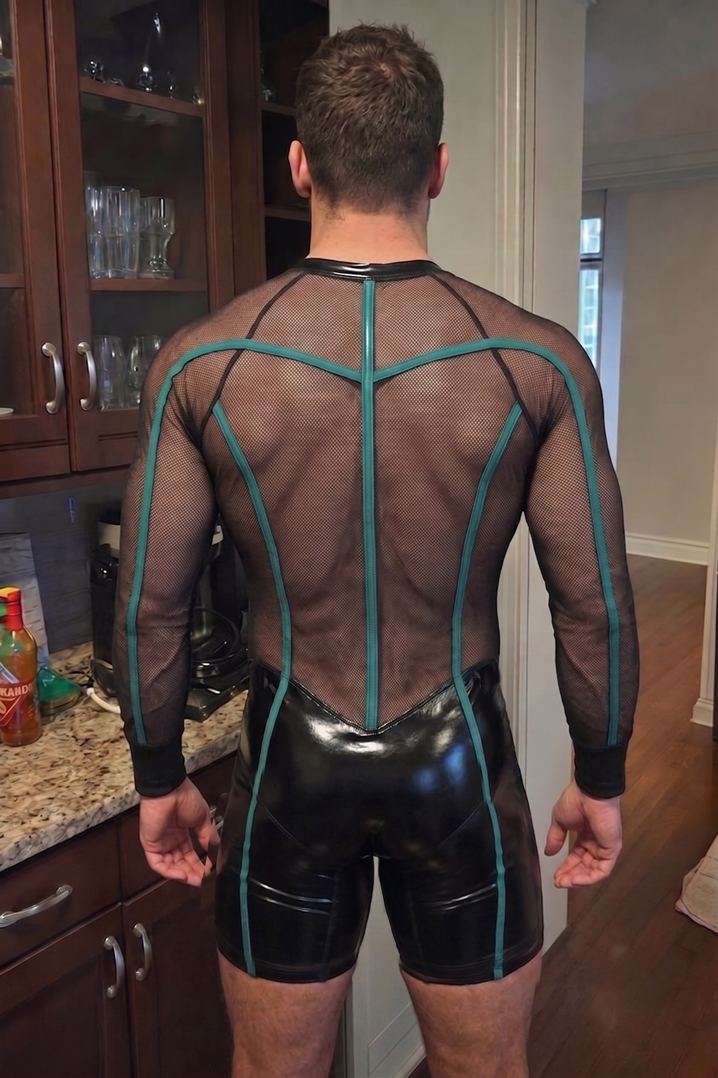 Men's PU Leather and Mesh Long-Sleeve Bodysuit - Teal Piping Front Zipper Jumpsuit Festival Rave Wear