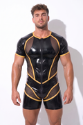 Men's PU Leather and Mesh Short-Sleeve Bodysuit - Gold Piping Front-to-Back Zipper Jumpsuit Festival Rave Wear