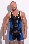 Men's PU Leather Color-Block Wrestling Singlet - Back Zipper Cut-Out Back Jumpsuit Festival Rave Wear