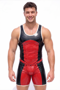 Men's PU Leather Red Color-Block Wrestling Singlet - Back Zipper Cut-Out Back Jumpsuit Festival Rave Wear