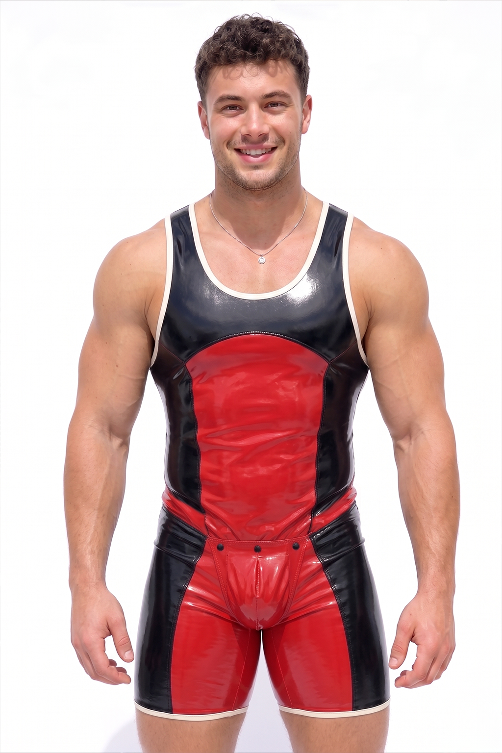 Men's PU Leather Red Color-Block Wrestling Singlet - Back Zipper Cut-Out Back Jumpsuit Festival Rave Wear