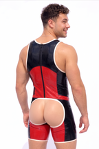 Men's PU Leather Red Color-Block Wrestling Singlet - Back Zipper Cut-Out Back Jumpsuit Festival Rave Wear
