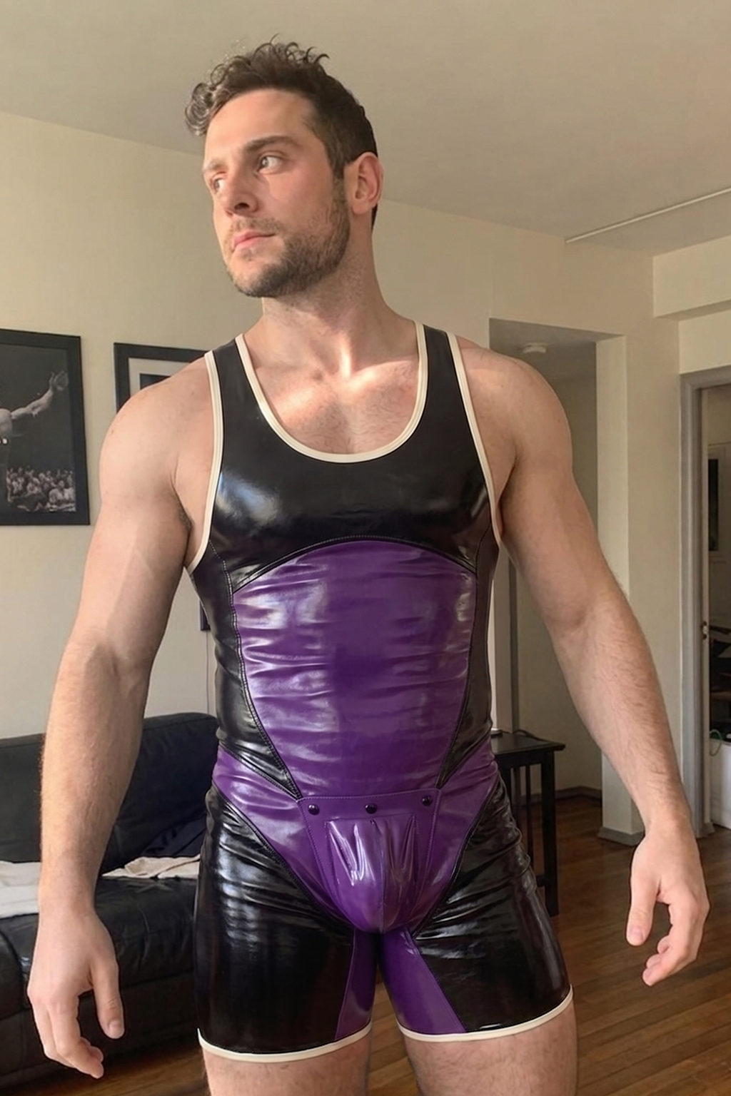 Joyglove Men's PU Leather Purple Color-Block Wrestling Singlet - Geometric Panel Jumpsuit Festival Rave Wear One-Piece