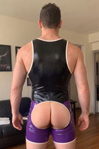 Joyglove Men's PU Leather Purple Color-Block Wrestling Singlet - Geometric Panel Jumpsuit Festival Rave Wear One-Piece