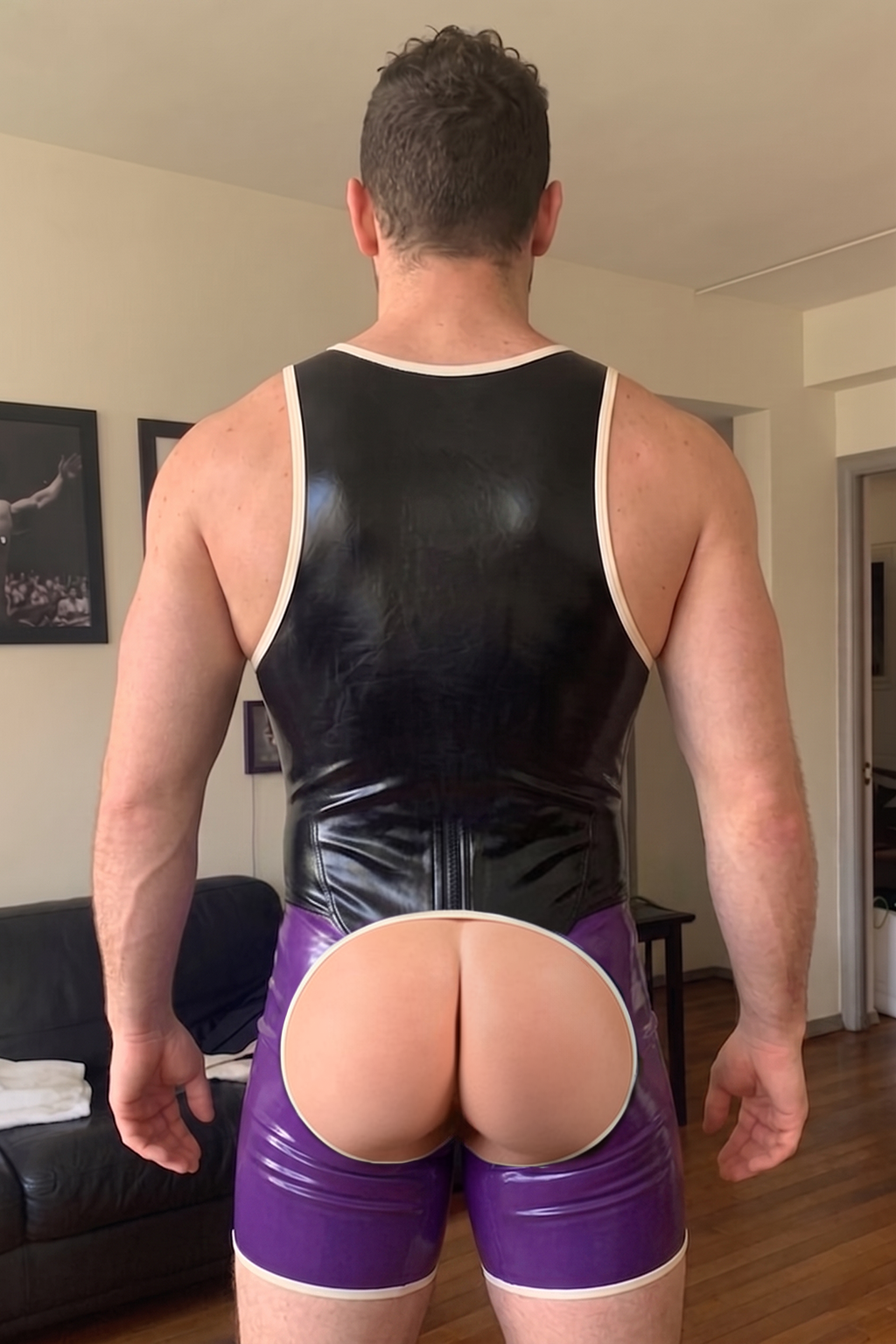 Joyglove Men's PU Leather Purple Color-Block Wrestling Singlet - Geometric Panel Jumpsuit Festival Rave Wear One-Piece