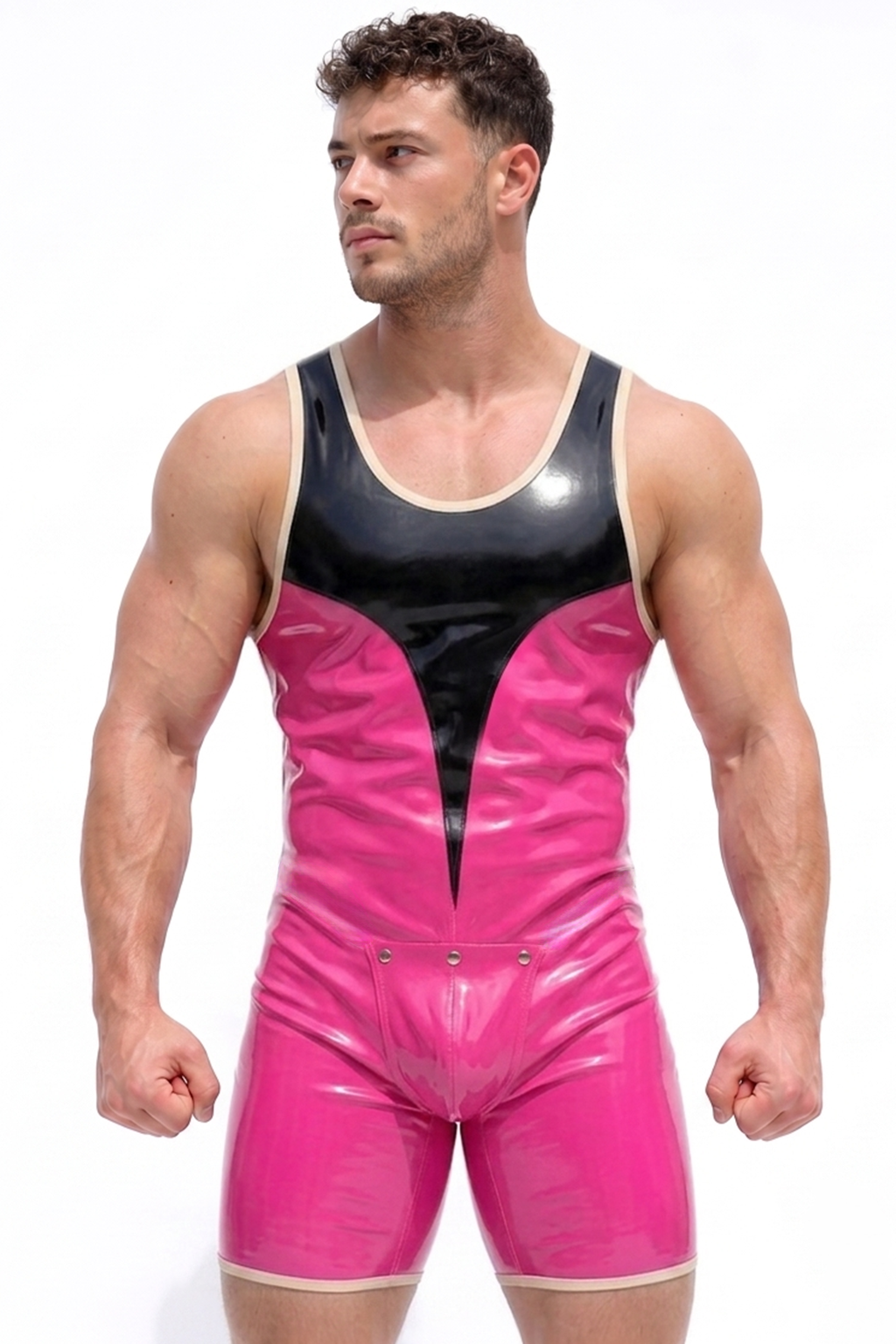 Joyglove Men's PU Leather Hot Pink & Black Wrestling Singlet - Athletic Jumpsuit Festival Rave Wear Body Shaper