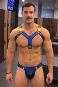 Joyglove Men's PU Leather Body Harness Set - Cyberpunk Tri-Color Blue & Yellow Y-Strap Chest Harness with Matching Low-Rise Jockstrap 2-Piece Rave Outfits