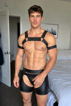 Stealth Shadow Men's PU Leather Harness with Armbands & Chaps-Style Shorts Set