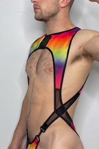 Neon Psychedelic Men's Cut-Out Thong Bodysuit – Rainbow Mesh Harness