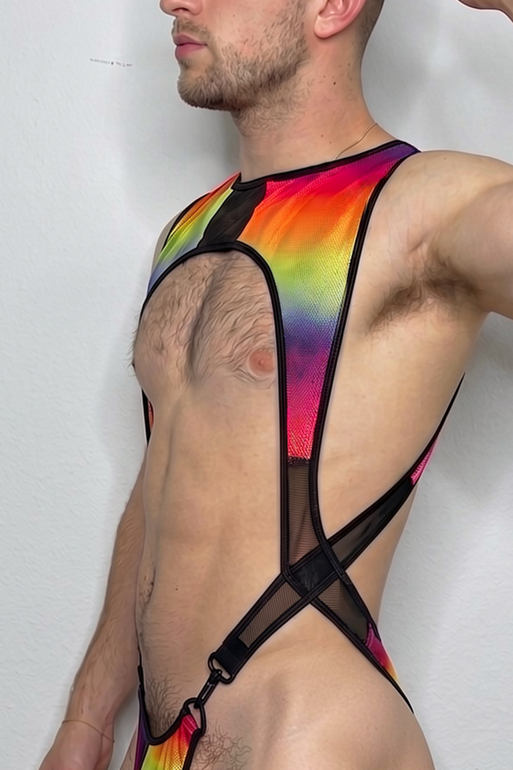 Neon Psychedelic Men's Cut-Out Thong Bodysuit – Rainbow Mesh Harness