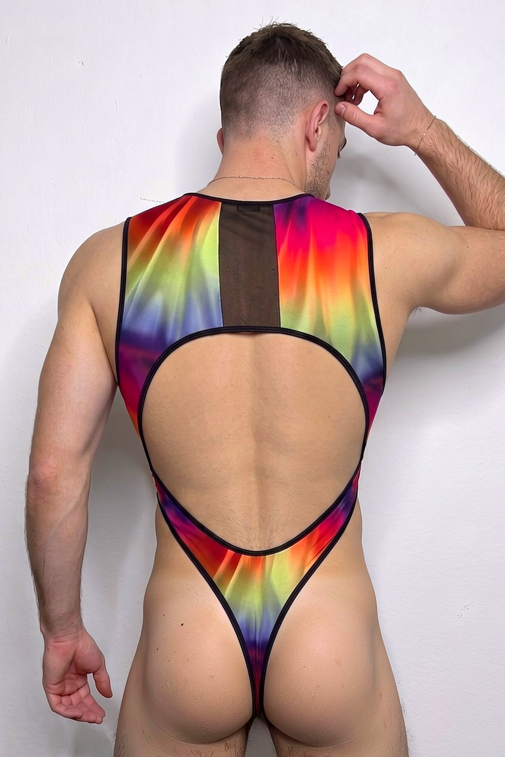Neon Psychedelic Men's Cut-Out Thong Bodysuit – Rainbow Mesh Harness