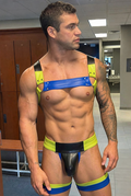 Joyglove Men's PU Leather Body Harness Set - Cyberpunk Tri-Color Blue & Lime Yellow Straight Chest Straps with Matching Thigh Ring Bottoms 2-Piece Festival Outfits