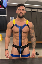 Joyglove Men's PU Leather Body Harness Set - Cyberpunk Tri-Color Blue & Yellow Dual-Vertical Straps Chest Harness with Matching Thigh Ring Bottoms 2-Piece Rave Outfits