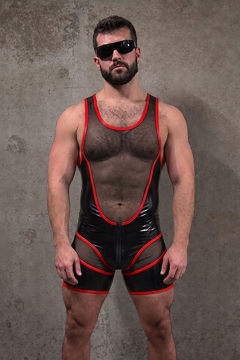 Joylgbt Men’s "Circuit-Mesh" Dual-Zip Bodysuit – High-Shine Black & RED