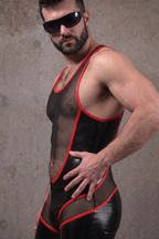Men’s "Circuit-Mesh" Dual-Zip Bodysuit – High-Shine Black & RED