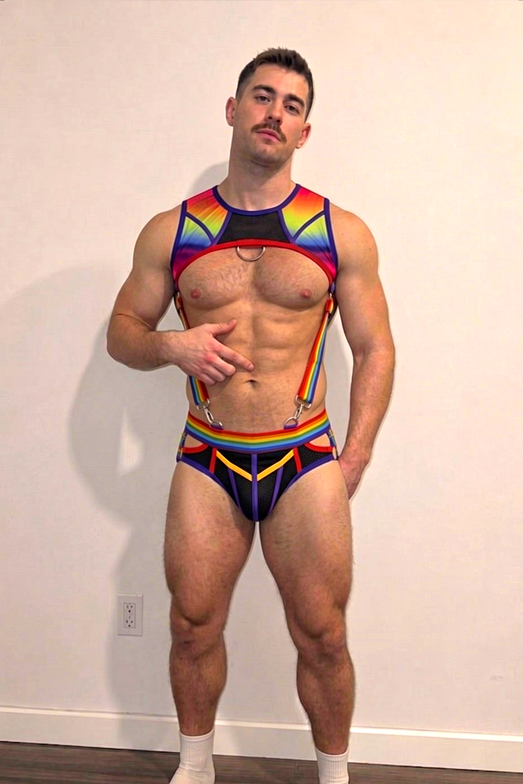 Men's Rainbow Pride Crop Top Harness & Briefs Set - Mesh Cut-Out Chest Guard with Detachable Suspenders