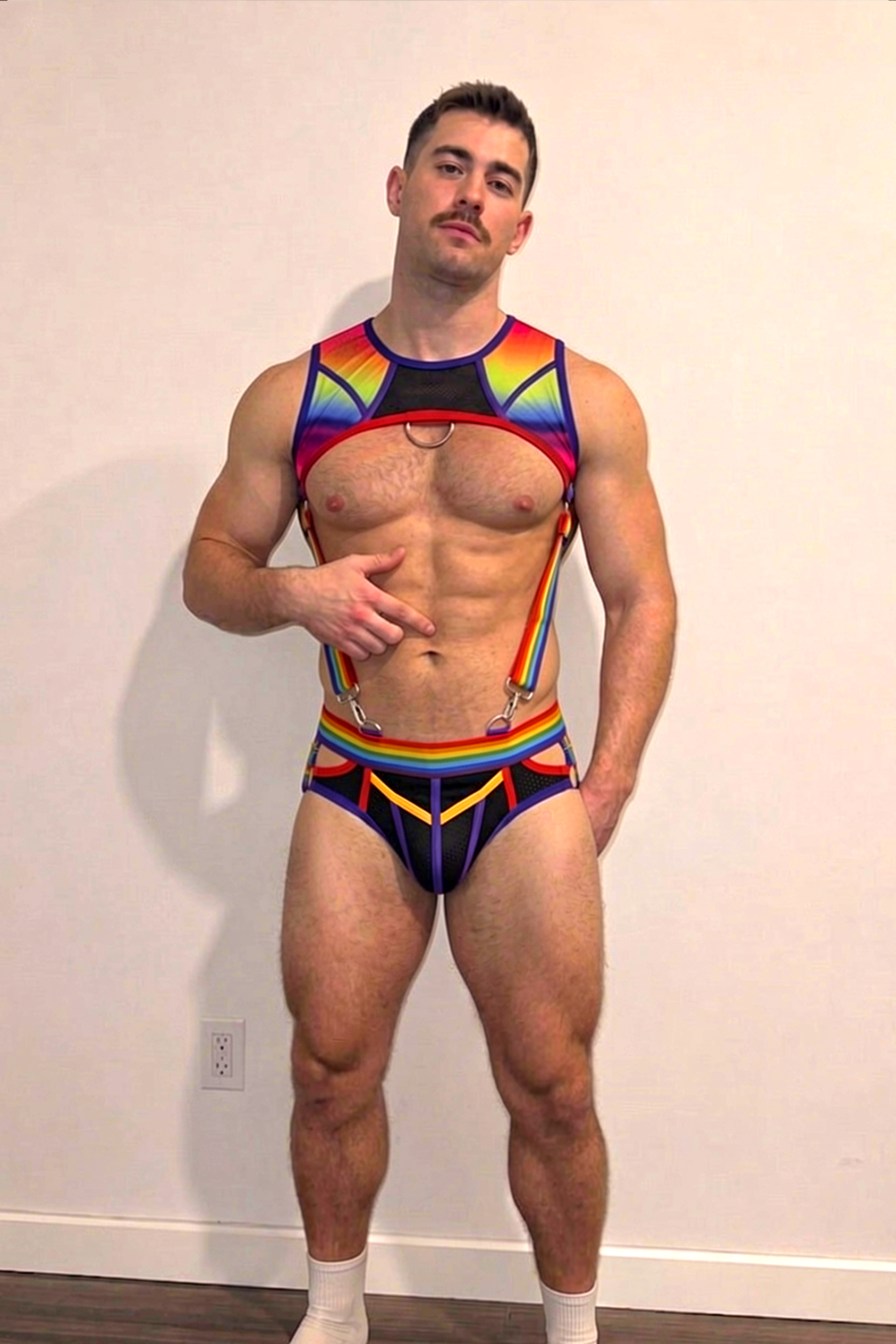 Men's Rainbow Pride Crop Top Harness & Briefs Set - Mesh Cut-Out Chest Guard with Detachable Suspenders