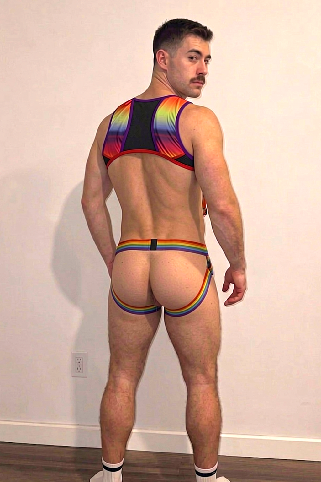 Men's Rainbow Pride Crop Top Harness & Briefs Set - Mesh Cut-Out Chest Guard with Detachable Suspenders