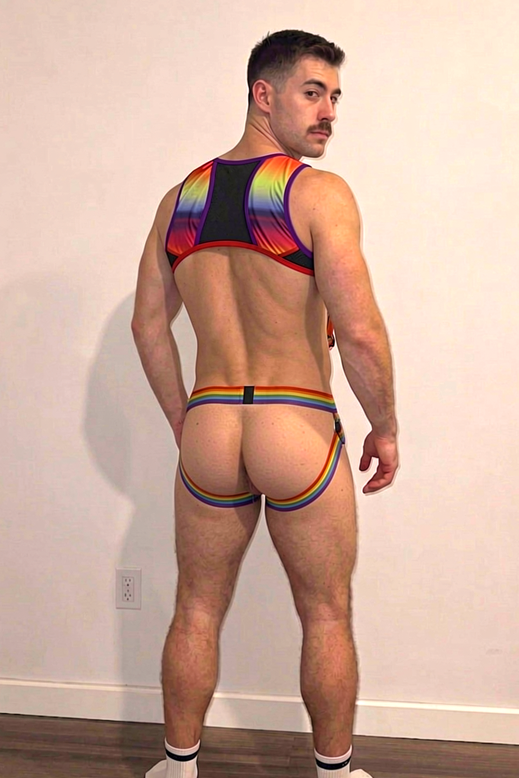 Men's Rainbow Pride Crop Top Harness & Briefs Set - Mesh Cut-Out Chest Guard with Detachable Suspenders