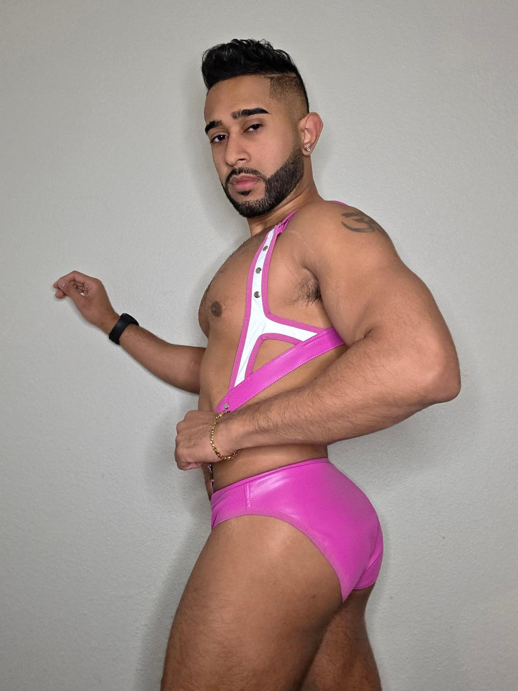 Joyglove Bold Pink and White PU Leather Men’s Harness