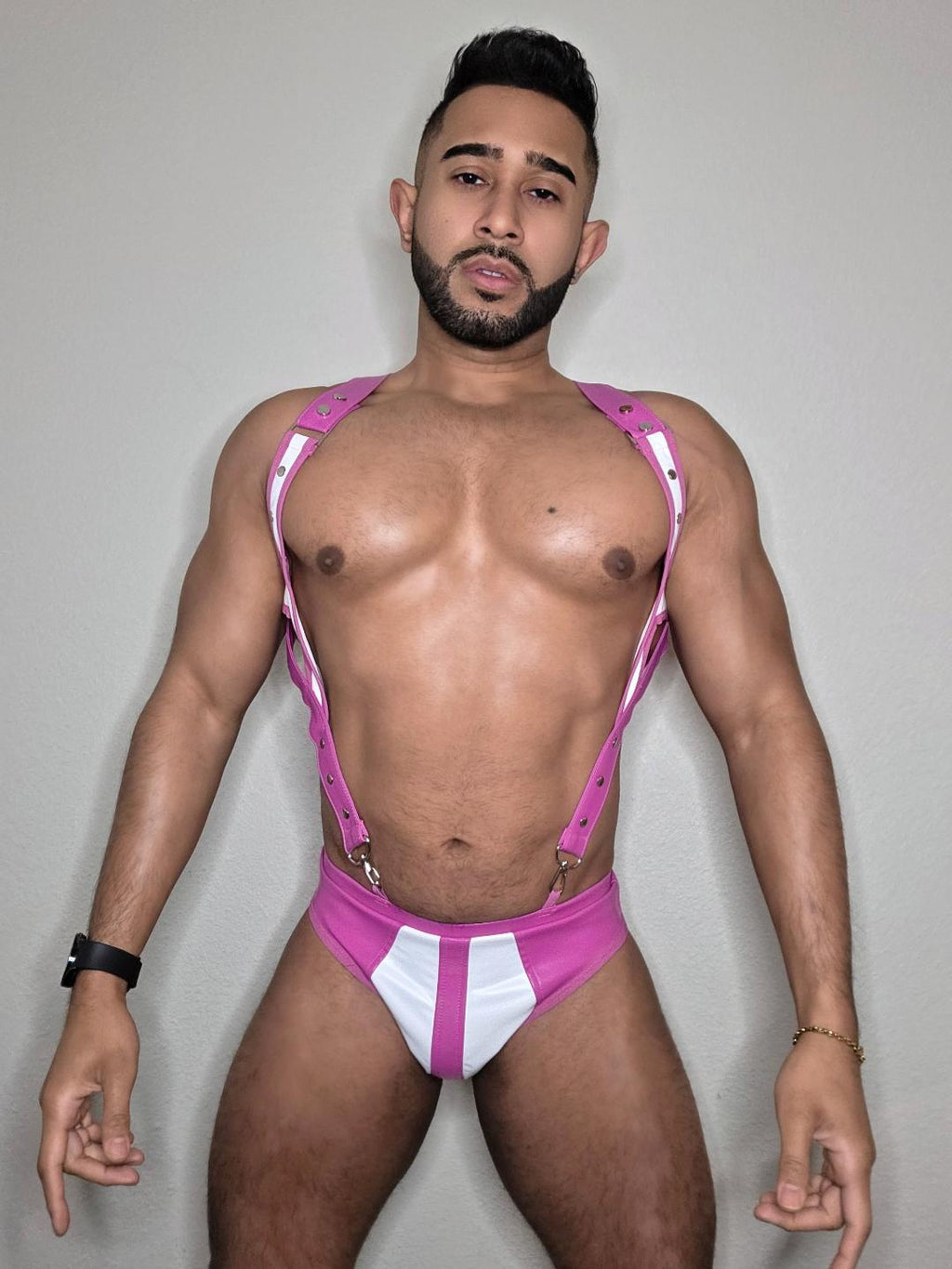 Joyglove Bold Pink and White PU Leather Men’s Harness