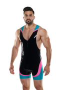 Joyglove Men’s Glossy PU Leather Wrestling Singlet – Black, Blue& Pink Power Panel Design