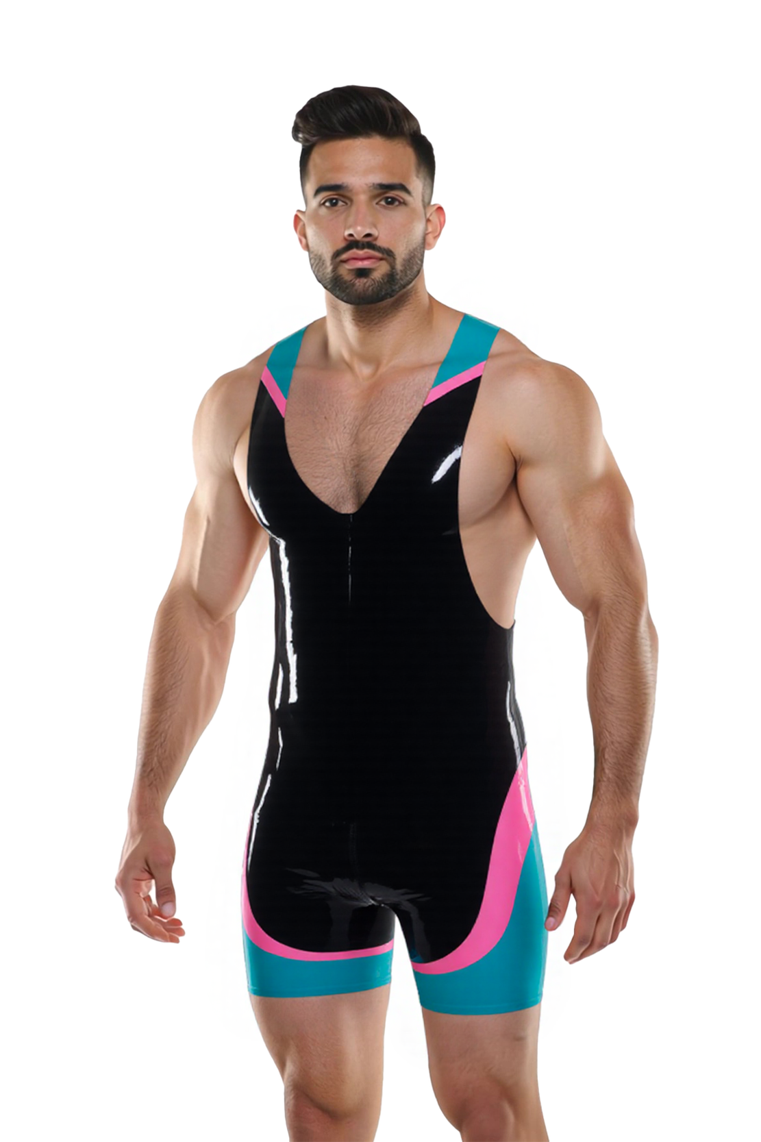 Joyglove Men’s Glossy PU Leather Wrestling Singlet – Red, Grey & White Power Panel Design
