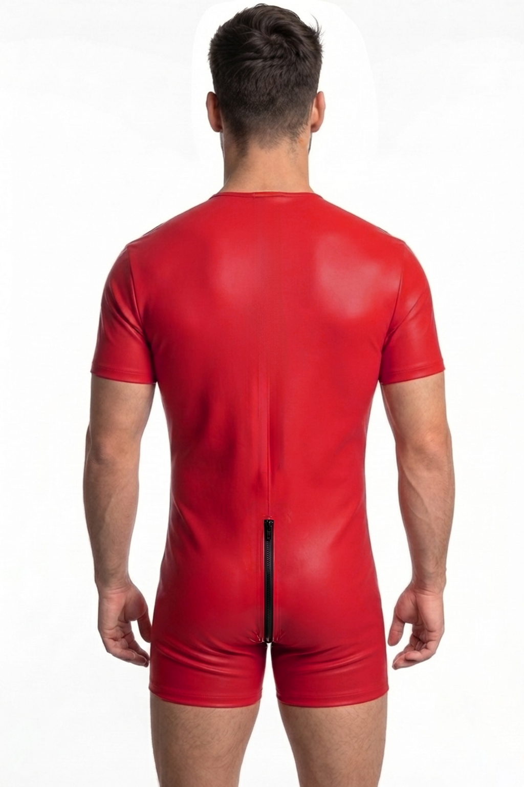 Joyglove Men’s PU Leather Bodysuit – Shiny Red with Black Zipper Detailing
