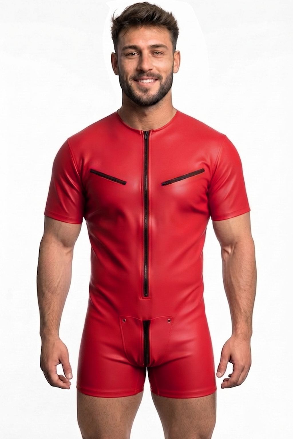 Joyglove Men’s PU Leather Bodysuit – Shiny Red with Black Zipper Detailing