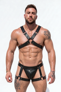 Joyglove PU Leather X-Chest Harness + T-Back Thong Set – Leg Straps & Metal Rings