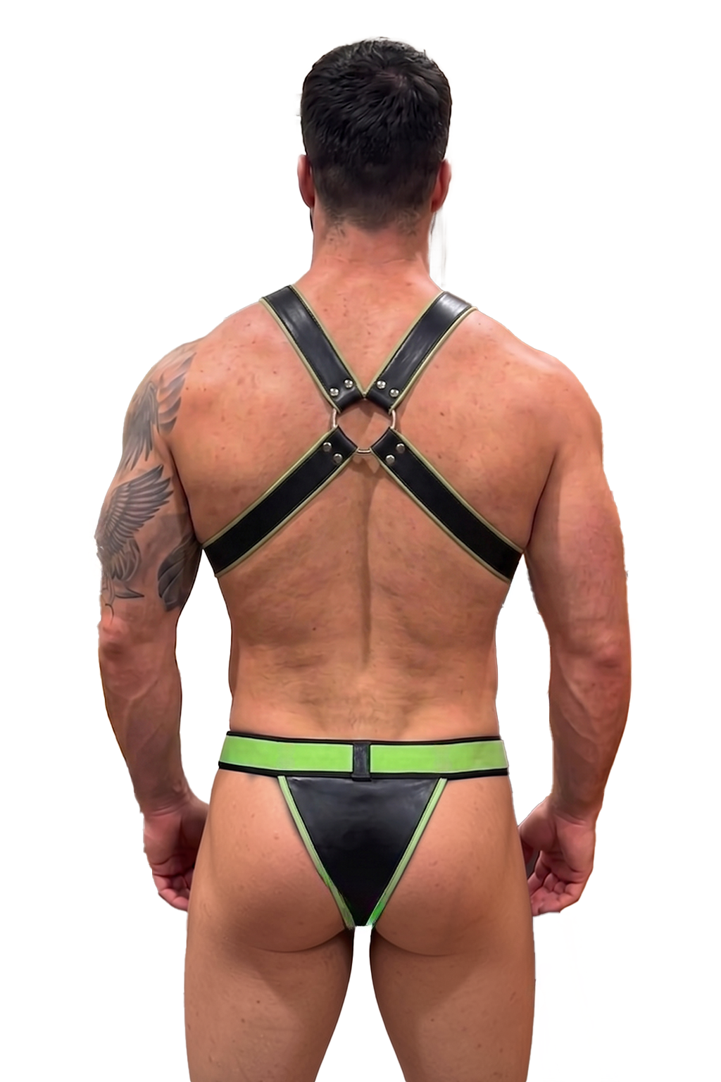 Joyglove PU Leather Sport Fetish Set – Black Base, Lime Green Edging, T-Back Brief