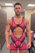 Joyglove Mesh Cutout Bodysuit – Pink/Blue Colorblock with Open Chest & Back Window