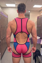 Joyglove Mesh Cutout Bodysuit – Pink/Blue Colorblock with Open Chest & Back Window