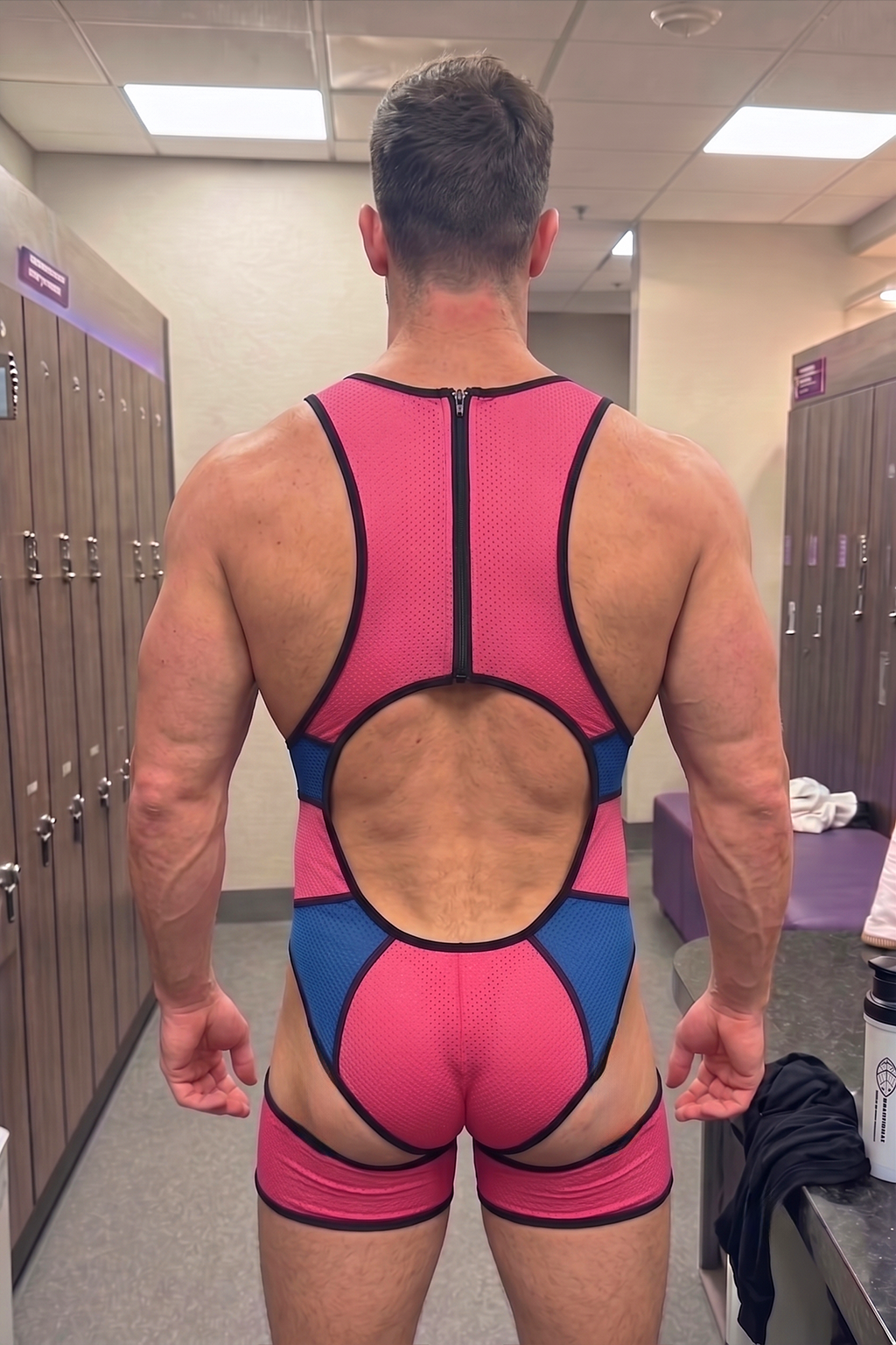Joyglove Mesh Cutout Bodysuit – Pink/Blue Colorblock with Open Chest & Back Window