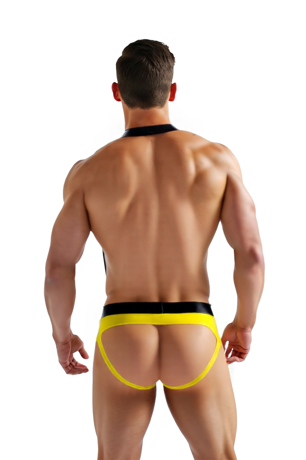 Joyglove Wet Look PU Leather Yellow Y-Back Harness Brief - Men's Alluring Lace-Up Underwear