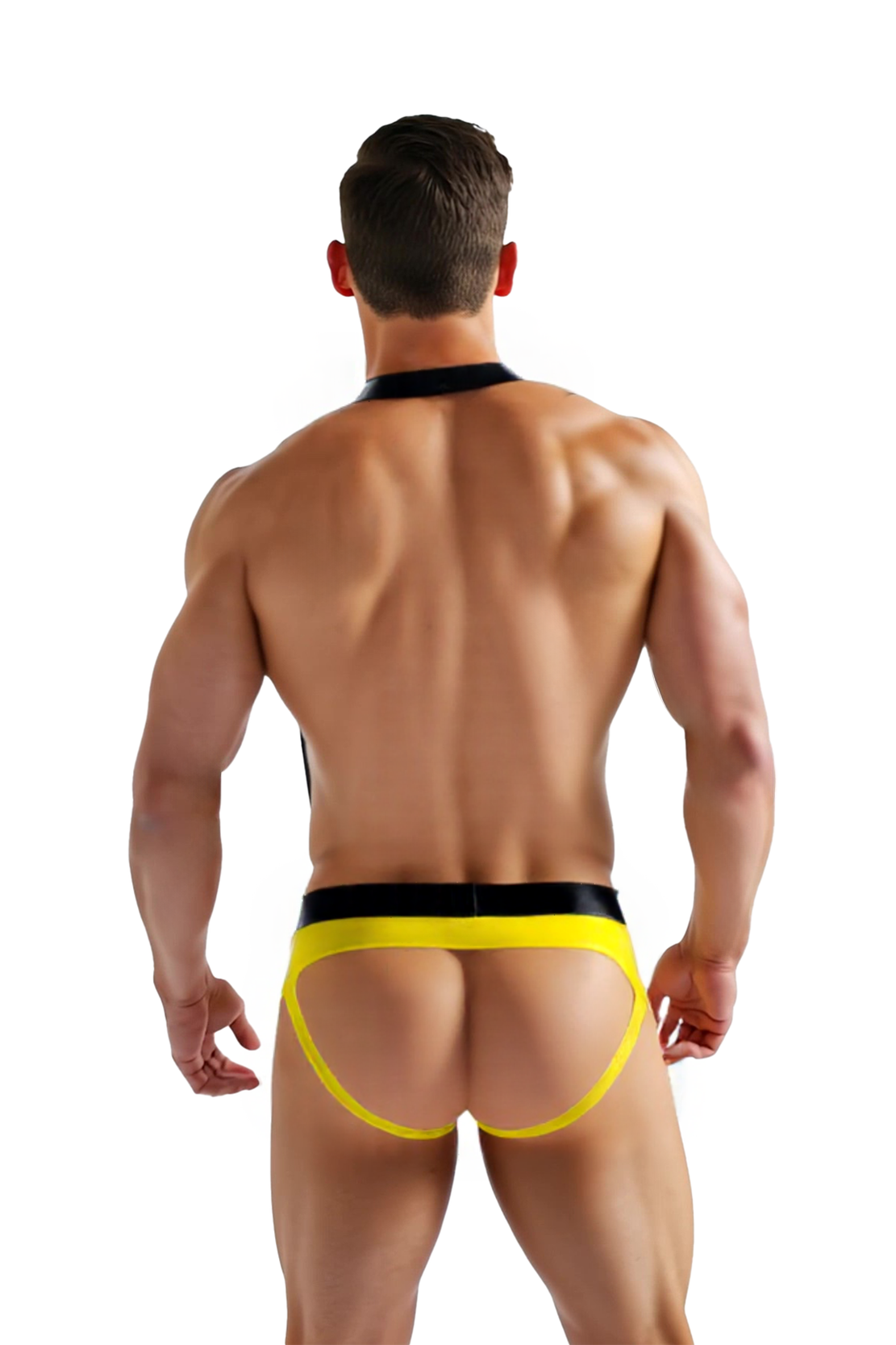 Joyglove Wet Look PU Leather Yellow Y-Back Harness Brief - Men's Alluring Lace-Up Underwear